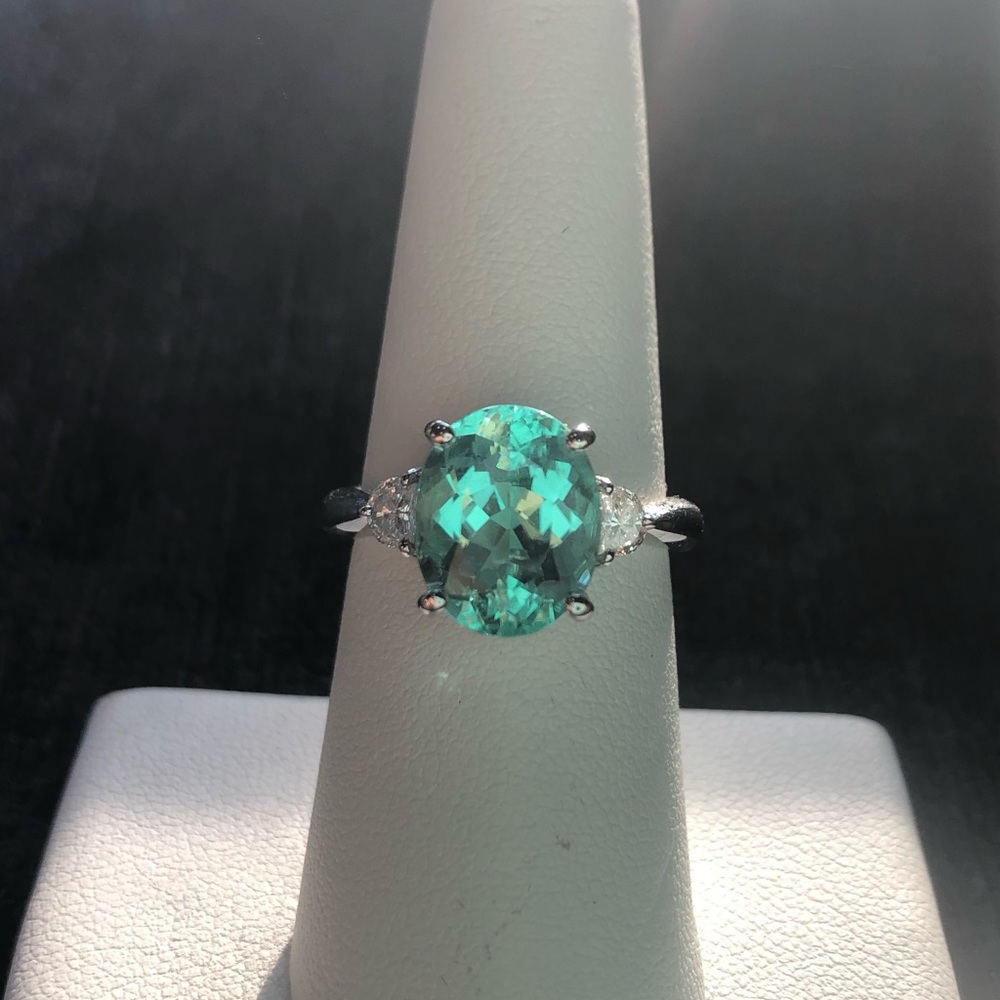 3.99 ct.  PARAIBA TOURMALINE colorless Half moon cut DIAMONDS 950 PLATINUM ring - Picture 3 of 17